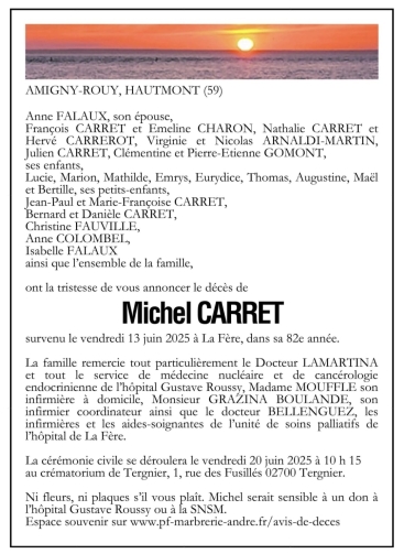 Faire-part de décès Michel CARRET